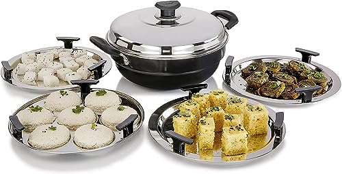 Vinod Hard Anodised Multi Kadai with Idli Tray, Dhokla and Patra Tray Induction Base All in One Cooker Idli Maker Tray Dhokla Maker Tray Patra Maker Tray Multi Steamer Stainless Steel Food Grade