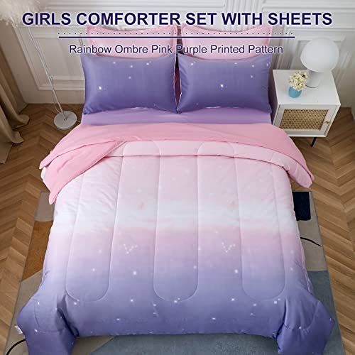 Image of Girls Comforter Set Twin XL /Full Size Colorful Ombre Pink Purple Rainbow Bedding Set Bed in A Bag for Kid Teen Girls 7 PC (1 Comforter, 1 Flat Sheet, 1 Fitted Sheet, 2 Pillow shams, 2 Pillowcases)