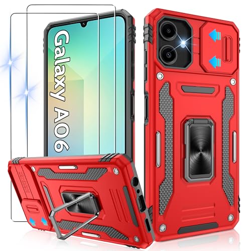 Coque Galaxy-A06 avec protège-caméra coulissant Gritup, 2 verres HD et béquille 360