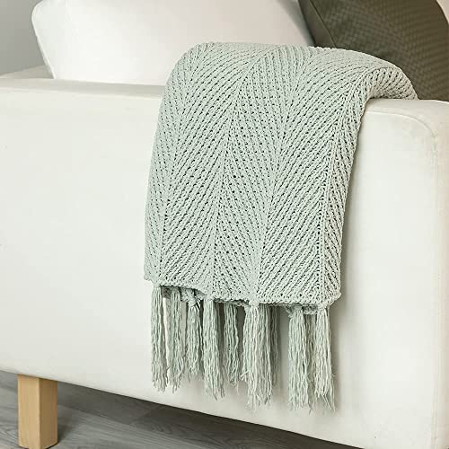 Sofila Sage Green Chenille Tassel Fringe Throw Blanket Textured Knitted Super Soft For Couch Bed Sofa Living Room Framhouse Warm Fluffy Cozy Plush Knit - 60 X 80 Inches #TOP1