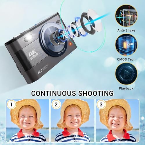 Digital Camera for Photography Autofocus 4K 48MP Compact Vlogging Camera for YouTube with 3 Inch Screen 18X Digital Zoom Point and Shoot Camera Mini Travel Camera with 32GB SD Card, 2 Batteries - Image 4