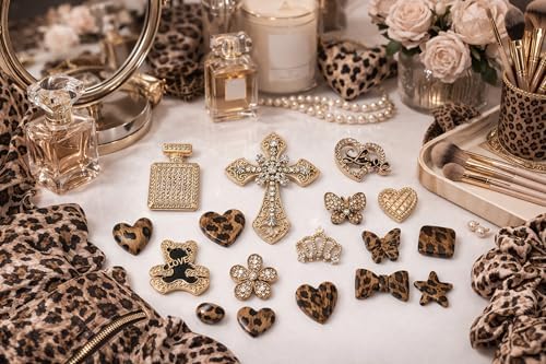 AVELICE Leopard Print Junk Case Large Charm Kit, Wild Bold Phone Case Charms with Gold Rhinestone Cross&Alloy Butterfly, Flower&Assorted Leopard Heart Charms for DIY Girls & Social Media Crafting - 3