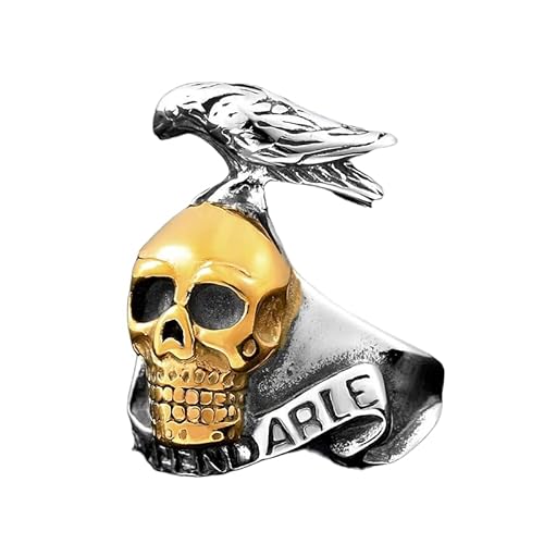 Snow Tropical GOTKING Rings Gothic Crow Skull Ring 316L Stainless Steel Skull Biker Ring Punk Hip Hop for Men Boys Expendables Movie Jewelry Wholesale for men, Gold, 10