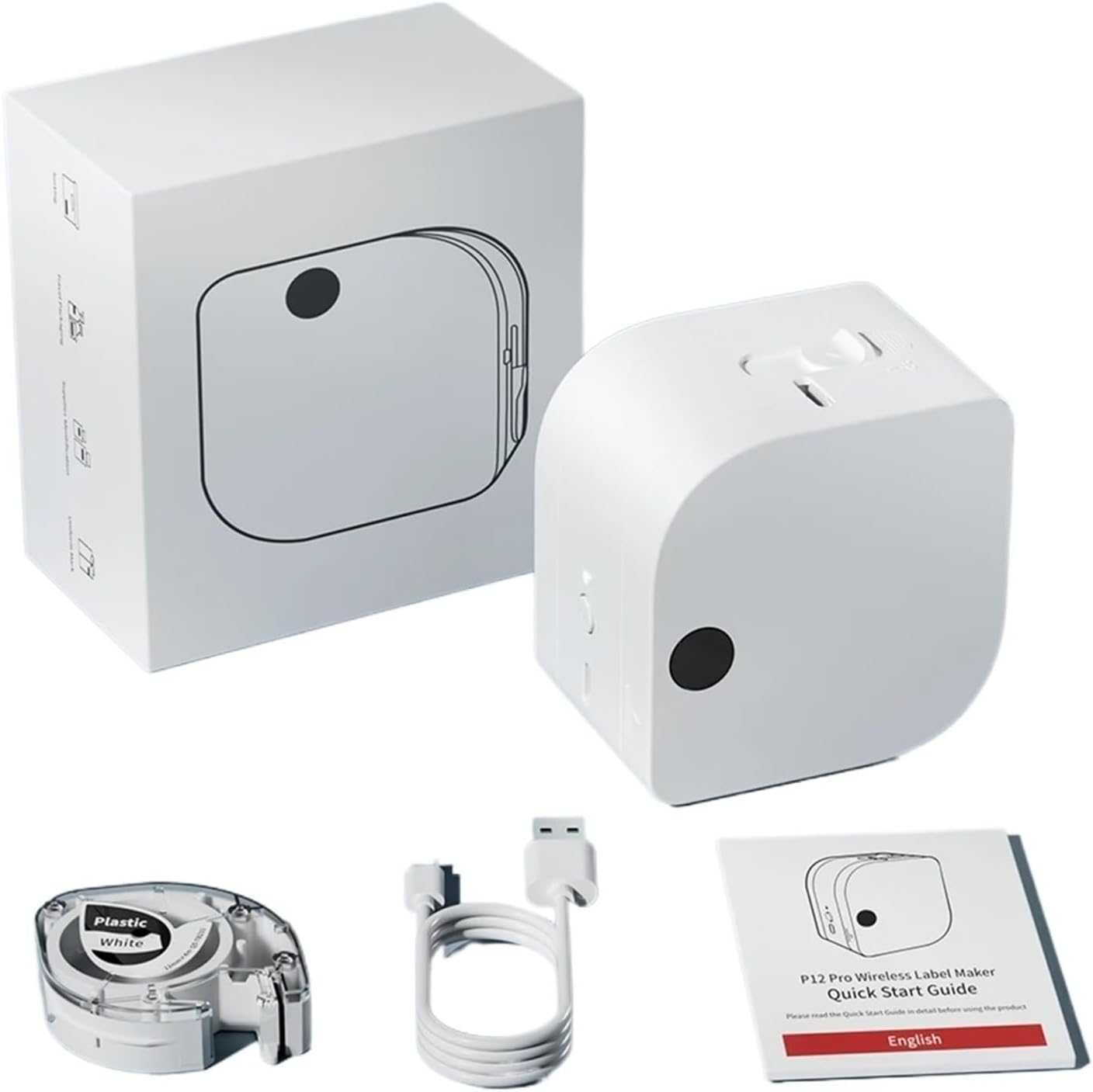Label Maker, P12 PRO Label Maker Mini Portable Printer Rechargeable 12mm Adhesive Ribbon Machine(White P12PRO)