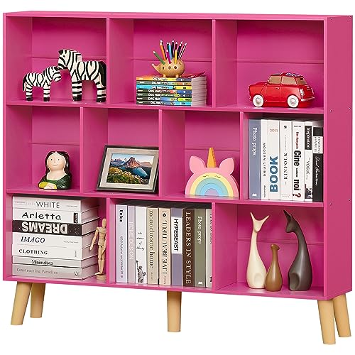 LEYAOYAO 10 Cube Bookshelf,3 Tier Modern Wide Bookcase with Legs,Mid-Century Wood Bookshelves Storage,Pink Large Book Case,Freestanding Organizer Display Shelf for Bedroom,Living Room,Office