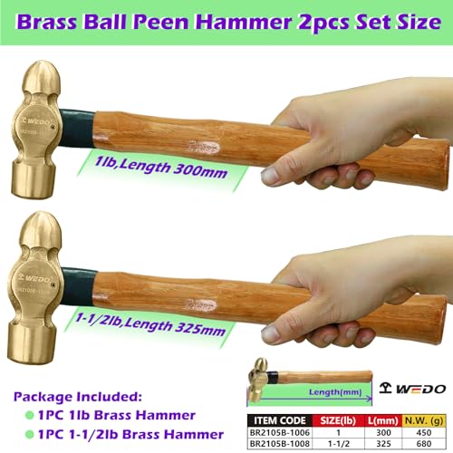 Image of WEDO 2PCS Brass Ball Peen Hammer Set, 16 oz+24 oz(1lb+1-1 /2lb), Brass Ball Pein Hammer Set with Wooden Handle, Die-Forged, Corrosion Resistant, DIN Standard