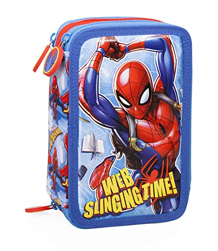L'ERBAVOGLIO - Spiderman - Estuche escolar 3 cremalleras original Spiderman - Completo de 44 piezas - Producto oficial Marvel (celeste/rojo)