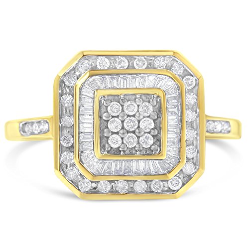 Original Classics 10K Yellow Gold Round and Baguette cut Diamond Cluster Ring (0.5 Cttw, I-J Color, SI2-I1 Clarity) - Size 6-3/4