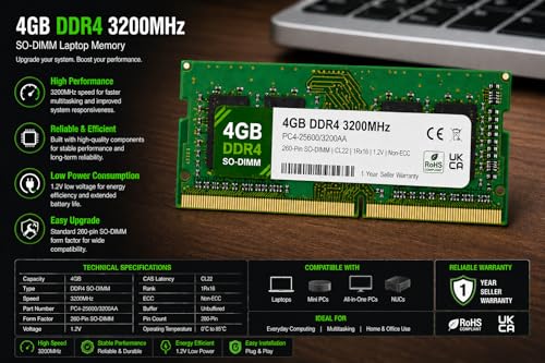 Image of 4GB DDR4 3200MHz OEM Laptop RAM Compatible with Samsung [Key Specs: PC4-25600 /3200AA | 260-Pin SO-DIMM | CL22 | 1Rx16 | 1.2V | Non-ECC] | 1 Year Seller Warranty