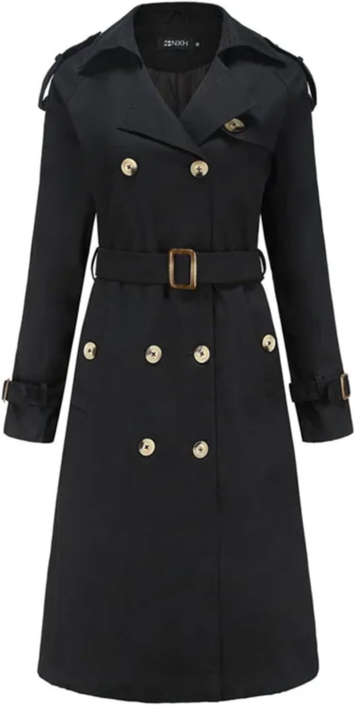 Womens Trench Coat With Belt Double Breasted Long Length Windproof Lapel Elegant Commute Casual Outerwear