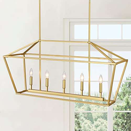 Untrammelife 5-Light Kitchen Island Pendant Lighting Gold Lantern Pendant Linear