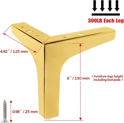Miniatura 4 de 4 patas de muebles de 6 pulgadas, patas de sofá de estilo moderno, patas de metal de lujo doradas triangulares para mesa, armario, sofá, silla
