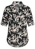 Seventyseven Lifestyle Damen Turn-Up Bluse Blumen Print 2 Brusttaschen schwarz rosa