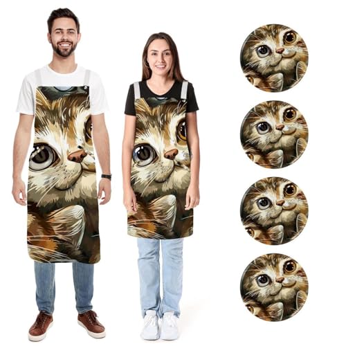 Tabliers de cuisine pour homme et femme chat de dessin animé aux grands yeux réglables