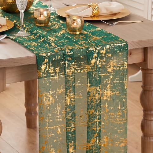 Artoid Mode Green Gold Gauze Table Runner 120 Inch, Sheer Glitter for Christmas, Wedding, Dining, Anniversary, Holiday Party Decor
