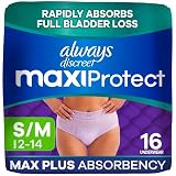 Always Discreet MaxiProtect Adult Diapers for Women, Incontinence Underwear, Scented, Postpartum Essentials, Bladder Leak Protection, Disposable Briefs, Maximum Plus Absorbency, Size S/M, 16 Count