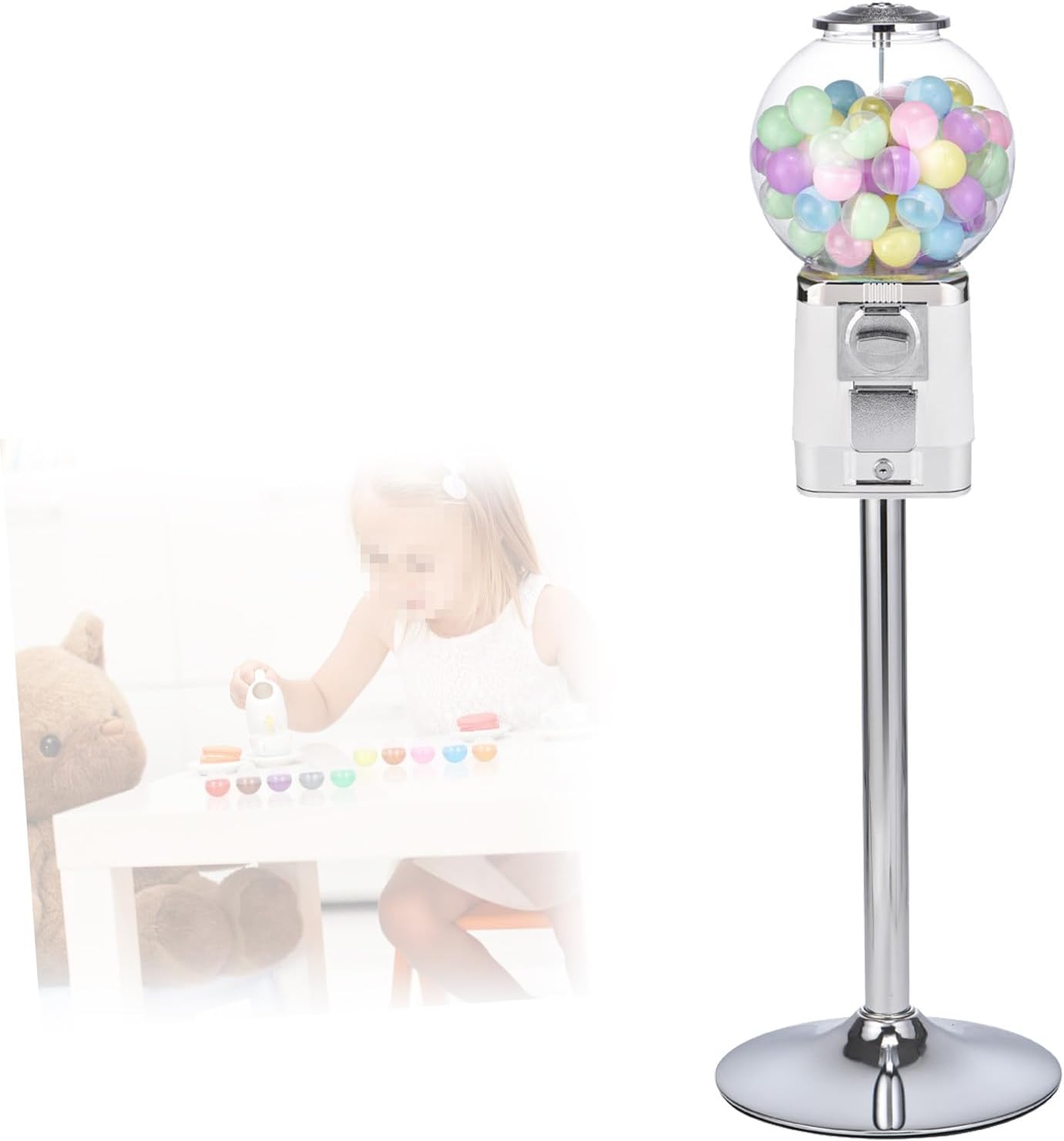 Coin Operated Gumball Machine - Lockable Capsule Vending Machine for Toys, Candies & Balls - Perfect for Retail Stores & Home Use - Silver Drawer (White)