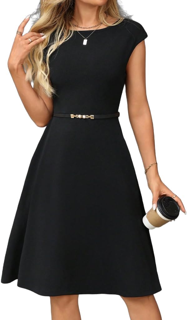 COSYOU Womens Black Summer Dress Business Dress A-Line Boat Neck Midi Dress Vintage Elegant Cocktail Dresses