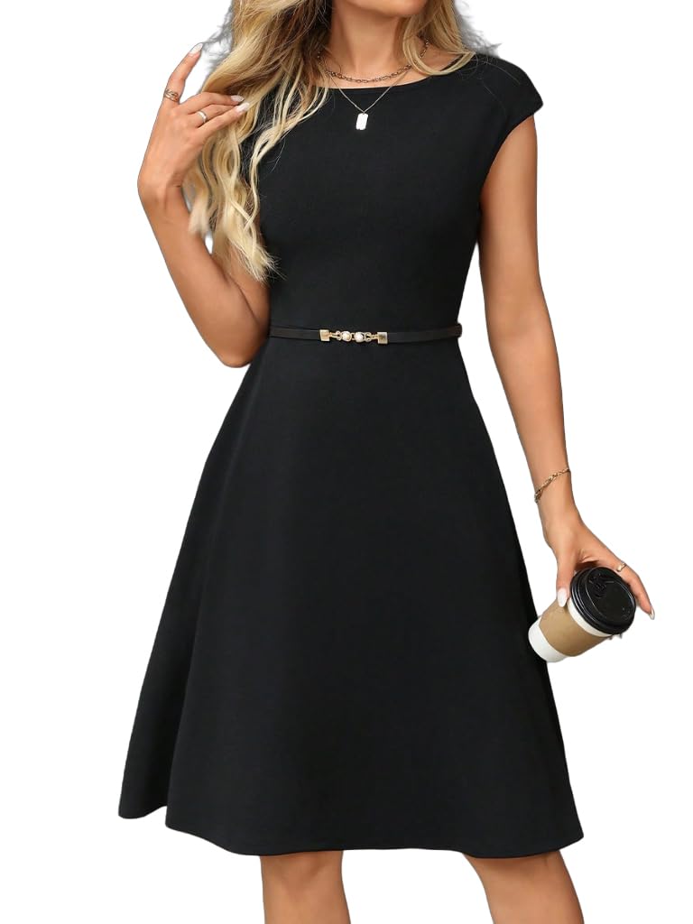 COSYOU Womens Black Summer Dress Business Dress A-Line Boat Neck Midi Dress Vintage Elegant Cocktail Dresses