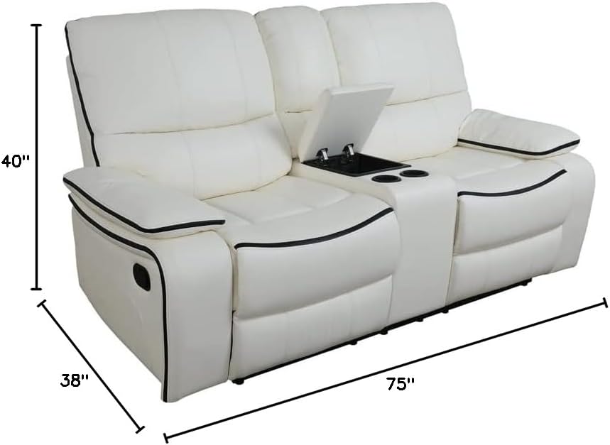 Recliner Sofa Set, Breathing Leather Living Room Furniture, Creamy White Reclining Leather Couch with USB Ports/Cup Holders/Storage Console (Creamy White-Manual Recliner, Loveseat)
