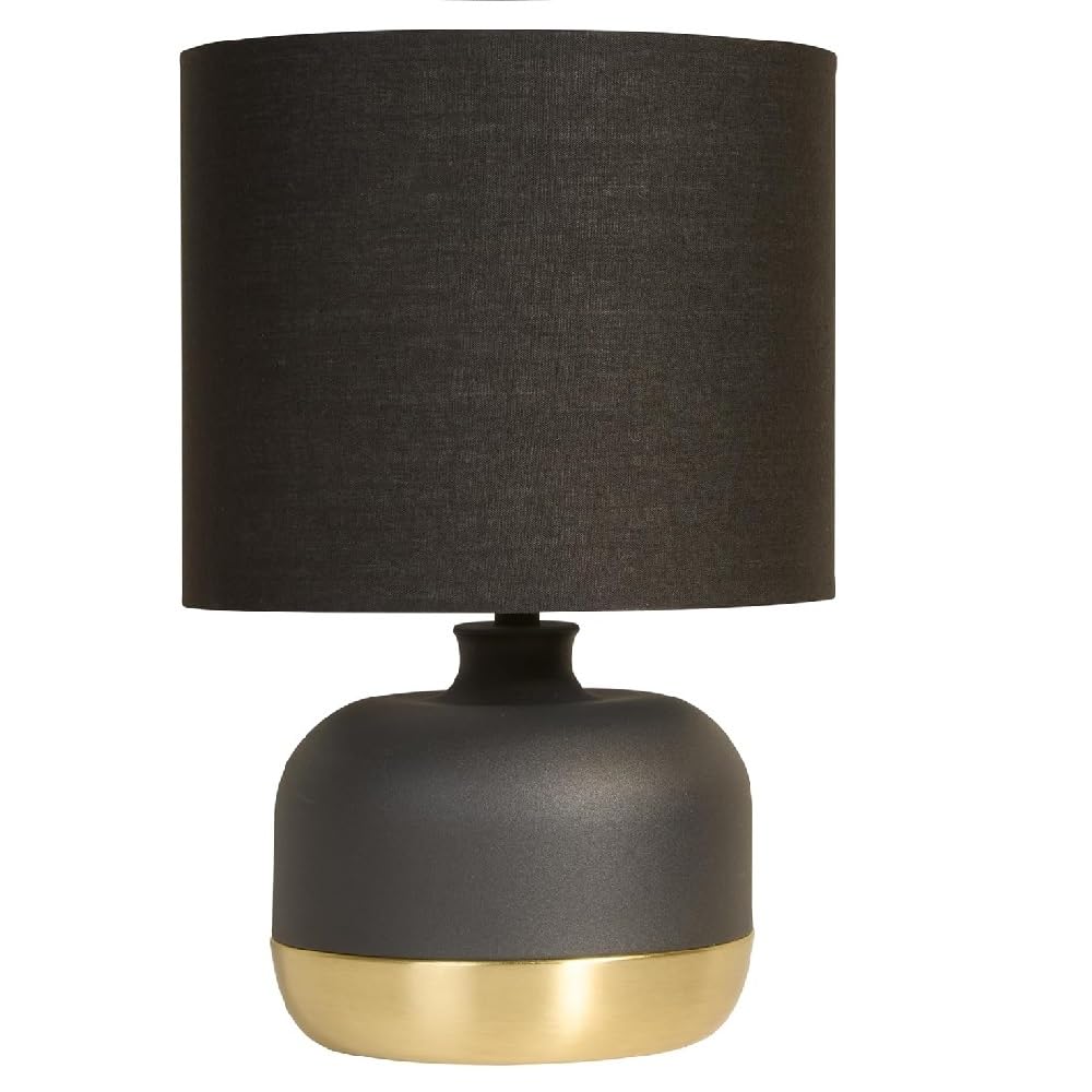 Britalia Touch Table Lamp, Matt Black Metal with Gold Trim, E14 SES, 27cm x 18cm, 1.31kg, Black Cotton Drum Shade, Touch Dimmer