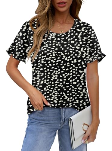 CRAZY GRID Women's Shirts Summer Casual Crewneck Ruffle Short Sleeve Blouses Cute Floral Print Tunic Tops