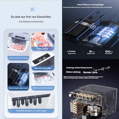Kugel Eiswürfelmaschine Schnell 110W Automatik | Selbstreinigung | 70 Stück Speicher | 6 Min Eis | Energiesparend(Weiß) 8 Kugel Eiswürfelmaschine Schnell 110W Automatik | Selbstreinigung | 70 Stück Speicher | 6 Min Eis | Energiesparend(Weiß)
