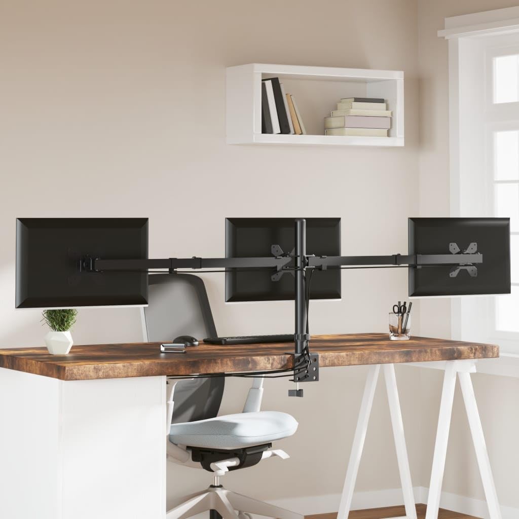 Gecheer Supporto per Monitor Triplo, regolazione altezza, installazione morsetto o occhiello, scrivanie 10-88 mm, organizzatore cavi, PL93, acciaio nero, VESA 75/100 mm for ufficio