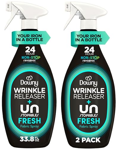 Downy Wrinkle Releaser Spray, All In One Wrinkle Release Spray, Odor Eliminator, Static Remover, Fabric Refresher & Ironing Aid for Clothes, 33.8 Fl Oz (Pack of 2), Unstopables Fresh Scent