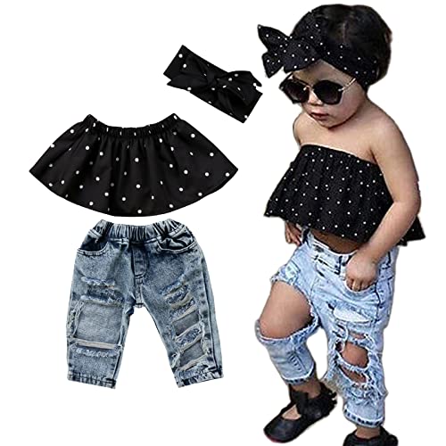 3PCS Baby Girl Off Shoulder Sleeveless Polka Dot Crop Top + Ripped Denim Pants + Headband Sets