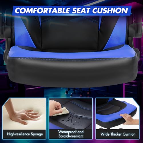 Image of Sweetcrispy Computer Video Game Desk Chair: Ergonomic Comfy Lumbar Support, PU Leather with Flip-up Armrest, Height Adjustable and 360 Swivel, for Adults, Black Blue
