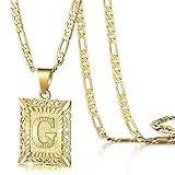 KissYan Initial Letter Pendant Necklace for Men Women, 14K Gold Plated Square Capital Monogram Necklace Alphabets from A-Z Figaro Chain Jewelry (Gold, G)
