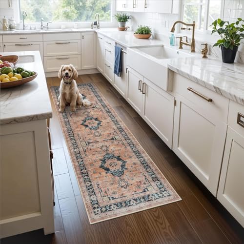 Hallway Washable Runner Rug - 2x7 Kitchen Rugs Entryway Rug Runner Vintage Soft Floor Mat Non Slip Indoor Farmhouse Carpet for Bathroom Living Room Bedroom (2 X 7, Orange)