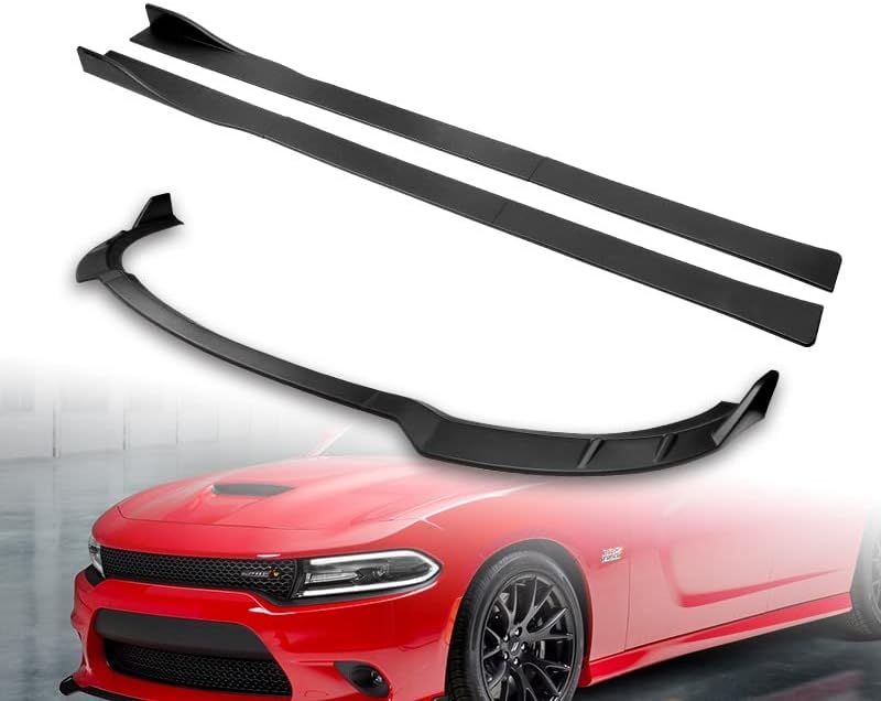 Q1-TECH, 9-Piece Front Bumper Lip & Side Skirt Extensions Diffuser Compatible with 2015-2023 Dodge Charger SRT Only, Front Bumper Lip Spoiler Air Chin Body Splitter ABS (Matt Black)