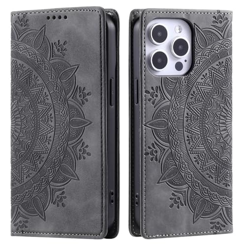 Étui rabat magnétique iPhone 14 Pro gris housse portefeuille en cuir gaufré 6.1