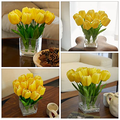 Xmay Gift Artificial Flowers Tulip Floral Arrangement In Vase - Fake Flowers Silk Tulips Centerpiece - Modern Artificial Silk Flowers For Home Bathroom Office Table Shelf Decoration (Yellow) #TOP5