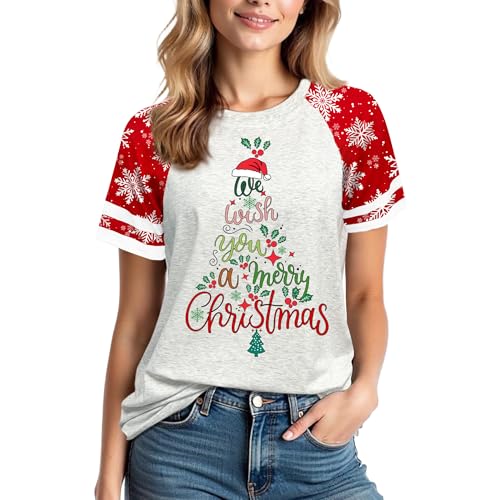 Christmas Shirts for Women: 2025 Fashion Color-Blocking Creativity Botany Cartoon Costumes Short Sleeve Printed Shirt Red