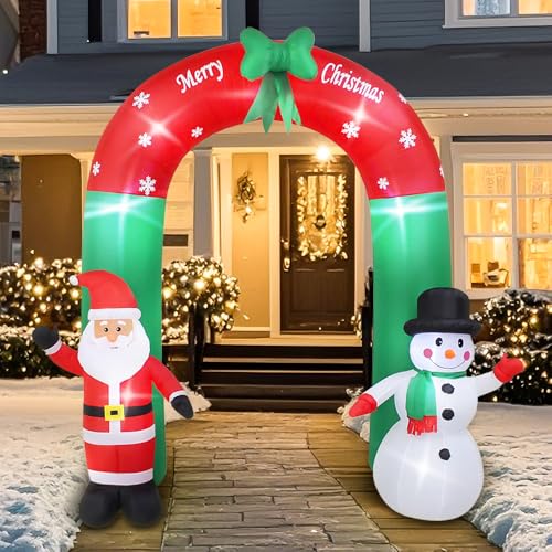 OHMG Arco Gonfiabile Gigante Natalizio Altezza 240 cm con Babbo Natale e Pupazzo di Neve con Kit Fissaggio per Esterno Illuminazione LED Protezione IP44 Decorazione Natalizia