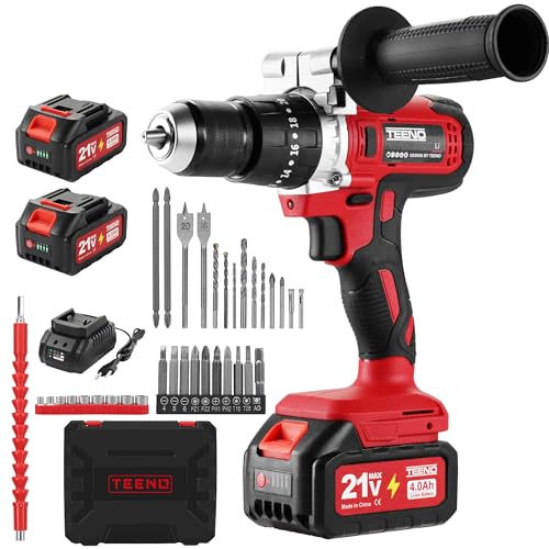 TEENO Perceuse Visseuse Sans Fil 21V Pour Batterie Makita 2 Batteries 4.0Ah, 90Nm Max Perceuse Percussion Sans Fil avec 39 Accessoires et Valise,20+3 RéGlages...