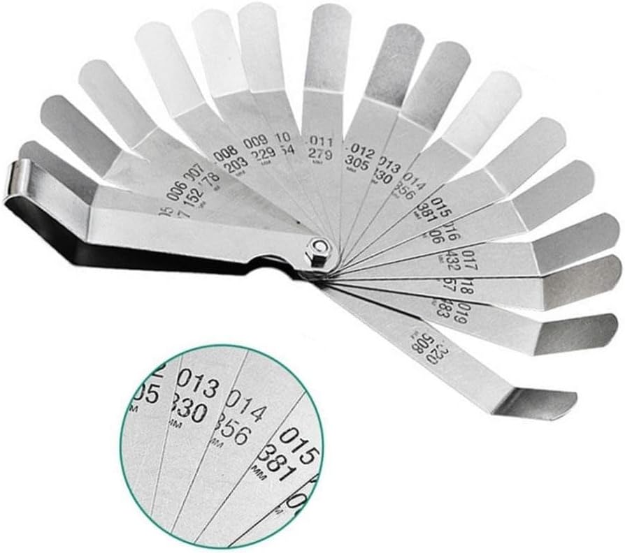 16-Blade Feeler Gauge Set 0.127-0.508mm, Steel Metric Gap Tool Valve Clearance and Engine Spark Measurement, Curved