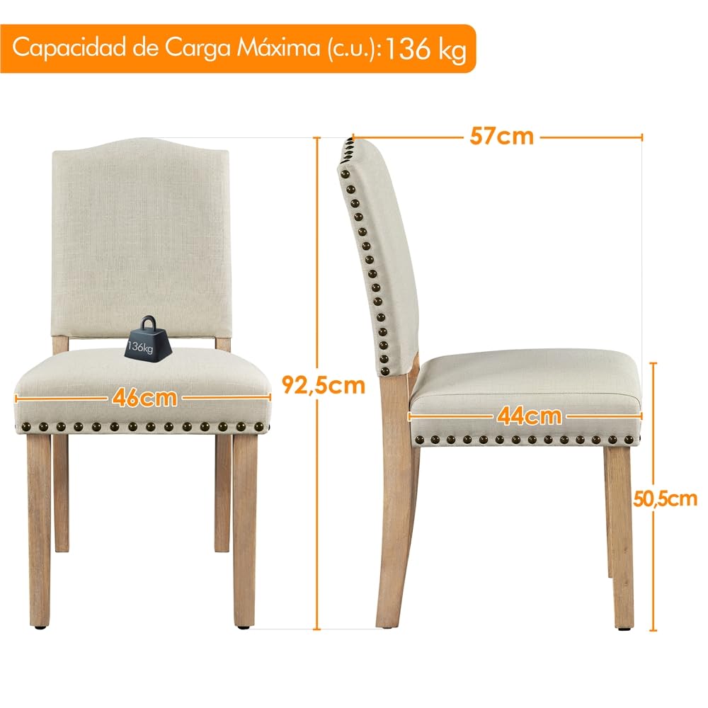 Yaheetech Juego de 2 Sillas de Cocina Tapizada de Tela Pata Madera Beige | Silla de Comedor Respaldo Alto, Silla de Cocina Tapizada de Tela, Diseño Clásico, Asiento Acolchado, para Salón y Cocina