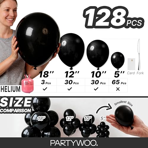Image of PartyWoo Black Balloons 128pcs Different Sizes of 18 12 10 5 Inch