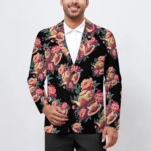 Floral Flowers Tea Cup Teapot Men's Suits Business Formal Suit Dress Print Jackets Casual Wedding Party Coat2