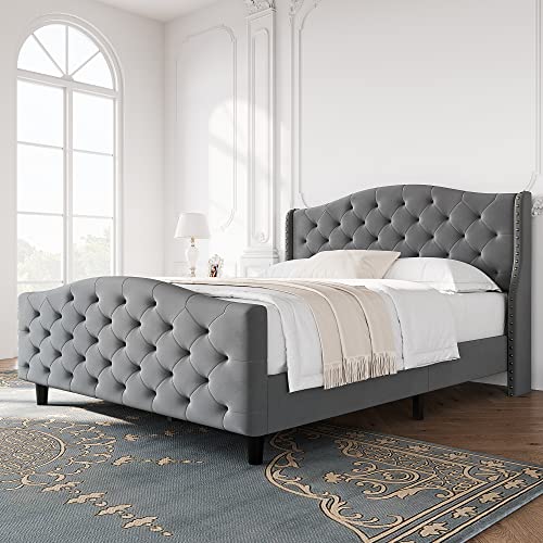 Idealhouse Modern Upholstered Queen Bed Frame,Button Tufted Headboard And Footboard Design Solid Wooden Slat Support Easy Assembly,Grey (Queen) #TOP25