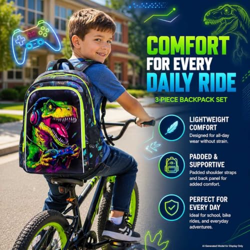 Image of WZLVO 3PCS Dinosaur Backpack for Boys, 16 Inch Kids Water Resistant Preschool Elementary Kindergarten Bookbags and Lunch Box