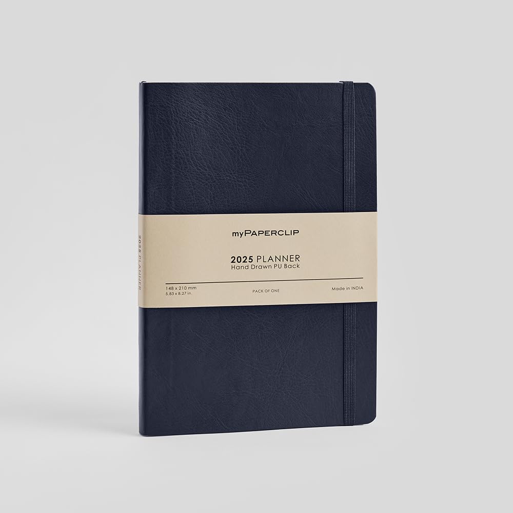 myPAPERCLIP Agenda settimanale 2025, rilegatura a filo, retro in pelle vegana disegnata a mano, formato A5 (148 x 210 mm, 14,8 x 21 cm), blu