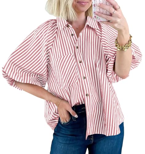 Image of Tankaneo Womens Short Puff Sleeve Button Down Shirts Striped Trendy Casual Loose Fit Blouse V Neck Collared Tops