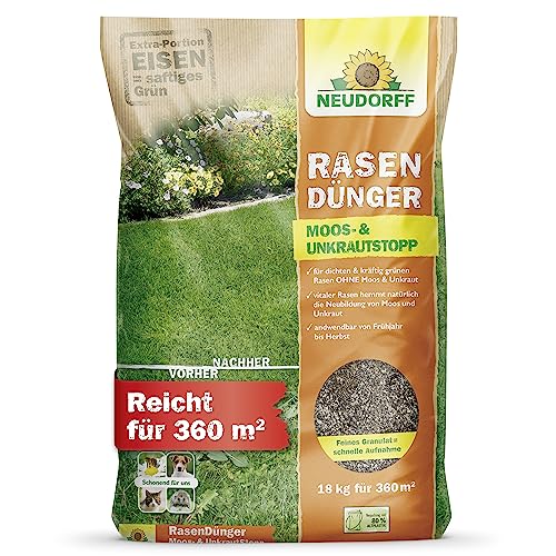 Neudorff RasenDünger Moos- & UnkrautStopp – Rasendünger mit Eisen und Kalium sorgt für einen dichten, grünen Rasen ohne Moos und Unkraut, 18 kg für 360 m²