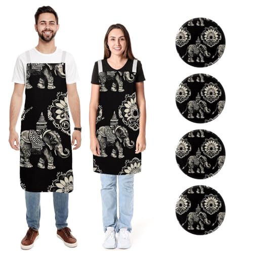 Tablier de cuisine lin éléphant indien vintage lot de 2 réglable homme femme avec poches