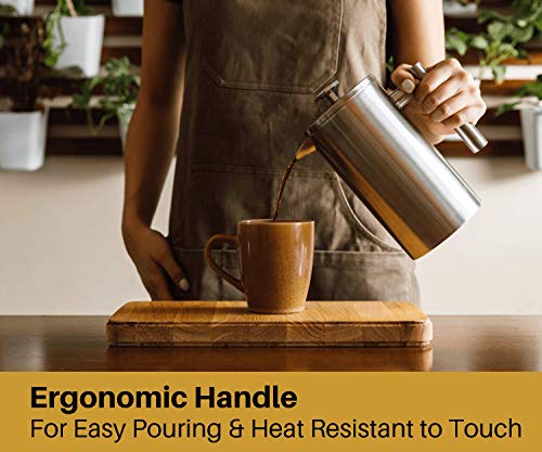 Barista Warrior Insulated Stainless Steel French Press with Thermometer - For Home Office Coffee Maker - Kitchen Appliances & Coffee Bar Accessories (1.0L, 34 fl oz, Silver) - Thumbnail 4